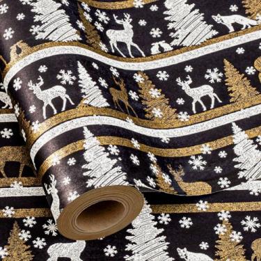 Imagem de Yarcony Papel de embrulho de Natal Kraft, papel de embrulho preto, árvores de Natal com brilho falso de rena, floco de neve, papel de presente pesado Kraft para feriados, solstício de inverno (43 cm x