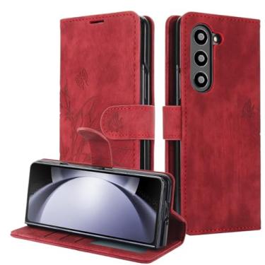 Imagem de MVVKKY Capa protetora para Galaxy Z Fold6 com alça de couro e porta-cartões (para Galaxy Z Fold6/vermelho)