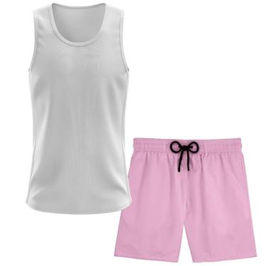 Imagem de Kit Short Praia Academia Passeio Treino Rosa + Regata Masculina Lisa Básica Dry-Masculino