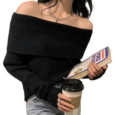 Imagem de Senhoras Tops Off Shoulder Camisola De Malha Mulheres Manga Comprida Elegante Pulôveres Outono Inverno Moda Sexy Roupas Tops, Dark Gray, One Size