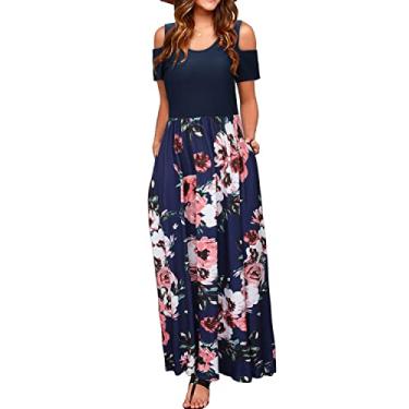 Imagem de STYLEWORD Vestido longo longo de verão 2025 feminino com ombro vazado com bolso, Floral04, P