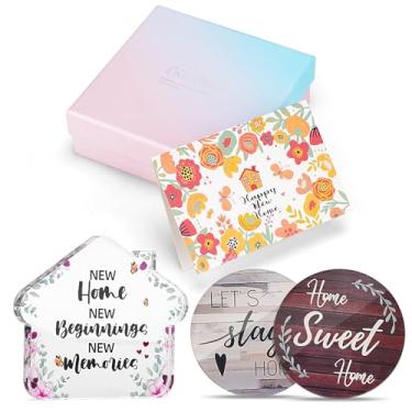 Imagem de Presentes de inauguração de casa para decoração de casa nova, placa de acrílico para mesa com 2 unidades, porta-copos de café de 10 cm para dono de casa nova, com caixa de presente e cartão de