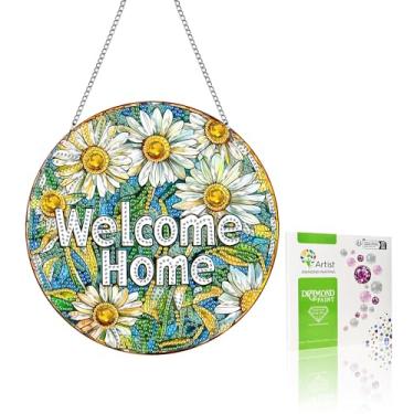 Imagem de VAIIEYO Welcome Diamond Art Ornamento para pendurar, pintura de diamante de crisântemo, kit de pendurar janela com corrente, pingente de cristal de 19 x 19 cm, artesanato para presente, decoração de