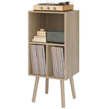 Imagem de Suporte para toca-discos com armazenamento de vinil, suporte de disco de vinil de madeira, gabinete de toca-discos, suporte para toca-discos com armazenamento, prateleira de toca-discos para quarto