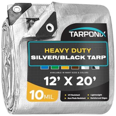 Imagem de Tarponix Lona resistente de dupla face de 3,5 m x 5,8 m – capa prateada e preta resistente a rasgos de 10 mil com bordas reforçadas e ilhós antiferrugem