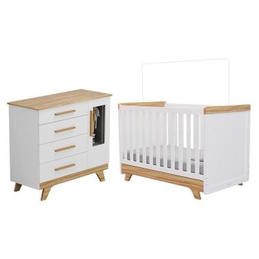 Imagem de Jogo De Quarto Infantil Retrô Janelas Cômoda E Berço Branco Brilho/amêndoa - Móveis Peroba