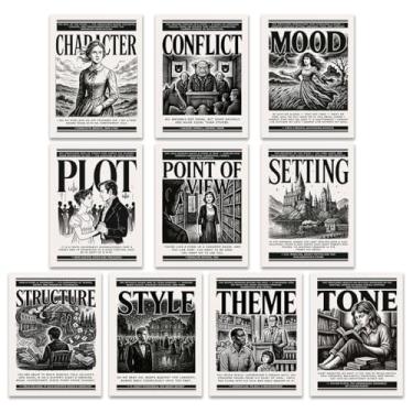 Imagem de Conjunto de 10 pôsteres de elementos literários para sala de aula de inglês, capa de livros famosos em preto e branco literatura elementos biblioteca impressões escolares em casa, arte de parede em
