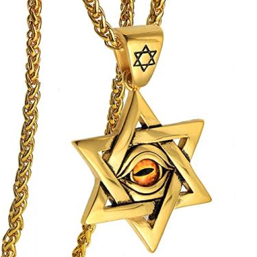 Imagem de Rockyu Colar de olho turco masculino prata aço inoxidável estrela de Davi pingente incrustado cristal artificial olho do diabo corrente 55 cm religioso judaico (ouro)