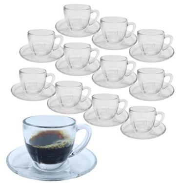 Imagem de Jogo 12 Xicaras Canecas de Vidro Transparente Café Chá Com Pires E Alç