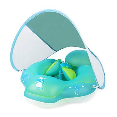 Imagem de Relaxing Baby Anel de flutuação de natação com capota removível de proteção solar, virilha antiderrapante, adicione a câmara de cauda que nunca vira, boias de bebê para acessórios de piscina, bomba de ar e 2 brinquedos de piscina para crianças de 3 meses a 6 anos