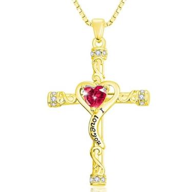 Imagem de VANAODUC Colar feminino com cruz de pedra do mês de nascimento, ouro 14K, ouro branco 18K, ouro rosa, pingente feminino I Love You, presente de aniversário e Natal para sua mãe, esposa, namorada