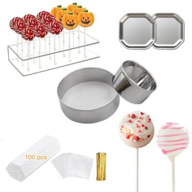 Imagem de Kit de cortador de bolo com anel redondo inoxidável – Ferramenta de prensa de bolo plana com suporte de exibição, invólucros, palitos de pirulito e bandeja – Kit de cozimento DIY para guloseimas e
