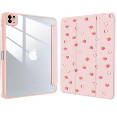 Imagem de Capa para iPad Pro de 11 polegadas (M4, 5ª geração 2024) com suporte para lápis, capa protetora traseira acrílica de couro rosa morango feminino, despertar/hibernar automaticamente
