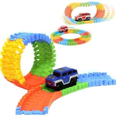 Imagem de Brinquedo Infantil Carrinho e Pista Articulada Maluca Blocos Coloridos Pilha Luz