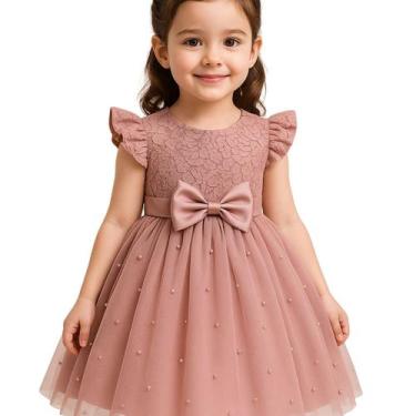 Imagem de Vestido Infantil Festa Rosa Tule com Laço Bolinhas Meninas - anjo da m