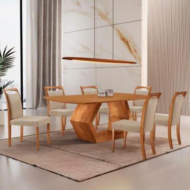 Imagem de Mesa Ane 180 Tampo Laminado Barril Com 6 Cadeiras Munique Linho Premiu