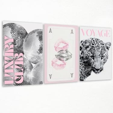 Imagem de Conjunto de 3 arte de parede em tela rosa e preta, pôster de capa de revista de moda com pintura de guepardo, imagem de carrinho de bar de bola de discoteca de clube de luxo, impressão na moda Kiss