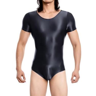Imagem de SEAUR Body masculino brilhante justo unitard roupa íntima de manga curta collant brilhante lingerie elástica macacão, Preto, G