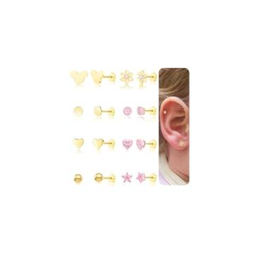 Imagem de 8 pares de brincos de parafuso nas costas para meninas, hipoalergênicos de titânio com costas planas para orelhas sensíveis, brincos de bebê infantil com rosa fofo CZ coração flor estrela minúsculo