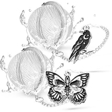 Imagem de TeaSanavie Pacote com 2 infusor de chá temático de Halloween – Infusor de chá gótico de folhas soltas com pingente de borboleta de corvo preto e caveira, aço inoxidável 304, presente de chá assustador