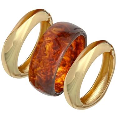 Imagem de 3 pulseiras de resina para mulheres, ouro e marrom, design de banda larga com brilho metálico, formato orgânico irregular, joia versátil e estilosa