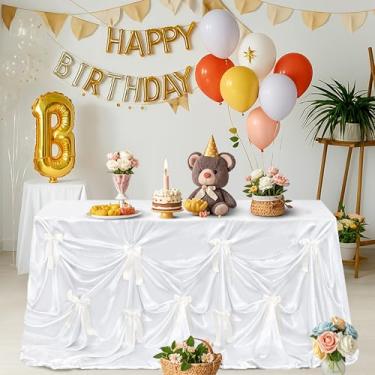 Imagem de LJIE-House Toalha de mesa de cetim branco – toalha de mesa de casamento laço faça você mesmo 228 x 335 cm toalha de mesa para chá de panela, festa de aniversário, decoração de chá de bebê - 1 pacote