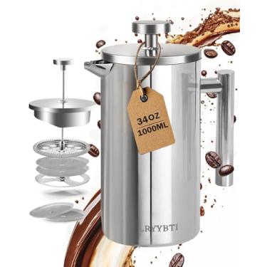 Imagem de LRYYBTI Cafeteira francesa, prensa de café de aço inoxidável 304 com linhas de escala e 2 filtros extras para cozinha e acampamento (prata, 1 litro)