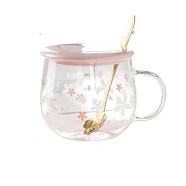 Imagem de Caneca de vidro fofa com tampa de colher copo de café leite rosa escritório cozinha copos delicados sobremesa flor de cerejeira canecas