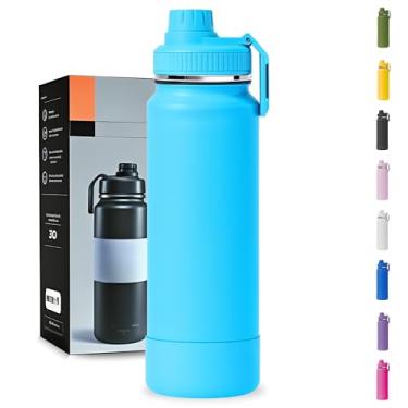 Imagem de Garrafa Térmica 1000ML - Duplamente Isolada a Vácuo, Aço Inox 304, Capa Protetora da Base de Silicone, Mantém Bebidas Gelada 24 horas e Quente 12 horas (Azul Piscina Slin)