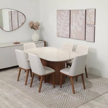 Imagem de Conjunto de Jantar Mesa Retangular com Vidro 6 Cadeiras Kalina - Canella c/ Off White
