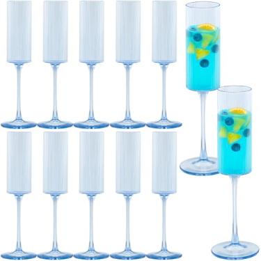 Imagem de JLYLOL 12 peças de taças de champanhe de plástico azul de 170 g taças de champanhe com nervuras grandes para brindar taças de plástico de vidro para festas vintage Mimosa Copos de bar elegantes para