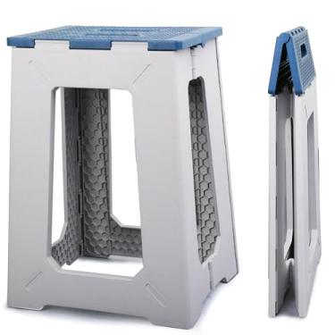 Imagem de Banqueta de canto de plástico pequena dobrável à prova d'água para banheiro - banco de chuveiro/banheira antiderrapante dobrável para idosos, esquema de cores azul-branco, comporta até 150 kg, 45 cm