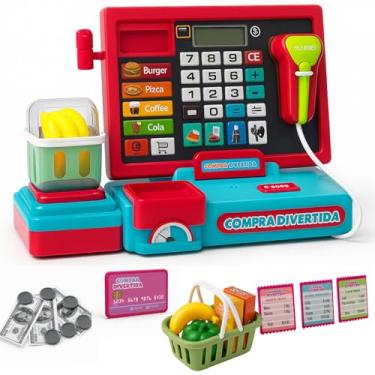 Imagem de Caixa Registradora Infantil Brinquedo Educativo Cozinha Interativa Mercadinho Criança Luz Som Dinheiro Cartões Acessórios (Vermelho)