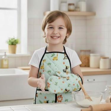 Imagem de Kit Avental Infantil de Cozinha Estampado com Luva Térmica - Mava Enxo