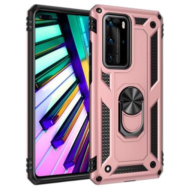 Imagem de SORAKA Capa para Huawei P40 Pro com suporte de anel de metal, capa à prova de choque, borda de silicone macio, capa traseira rígida de policarbonato com placa de metal para suporte magnético de