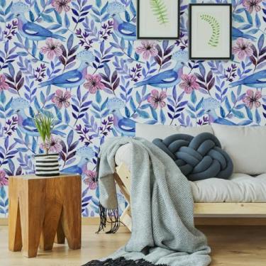 Imagem de ESSMOKO Papel de parede colorido planta e flor hidrosol papel de parede sala de estar quarto escritório decoração de fundo adesivo de parede pomba azul flor de pêssego 45 * 600 cm