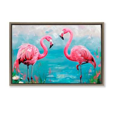 Imagem de Stupell Industries Arte de parede em tela flutuante marrom Duo Flamingo Lagoon, design por LSR Design Studio, 43 x 63 cm