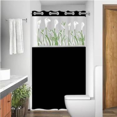 Imagem de Cortina Box em PVC Estampada Para Banheiro Anti Mofo Com Ganchos (PRETO)