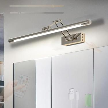 Imagem de GZZBMY Candeeiros de espelho LED casa de banho recarregáveis bateria apliques de parede com controlo remoto regulável iluminação de parede controlo tátil quarto sala de estar maquilhagem (prateado, 60