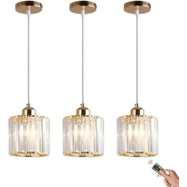 Imagem de Luminária pendente sem fio de vidro de cristal moderno, pacote com 3 unidades, luz pendente recarregável operada por bateria com controle remoto para ilha de cozinha, sala de jantar, quarto,