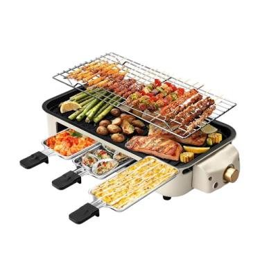 Imagem de OVENTE BQR1502B - Grelha elétrica para interiores 2 em 1, sem fumo de 1500 W com placa de cozinha removível antiaderente, 3 frigideiras de queijo raclette, controlo de temperatura ajustável, adequado