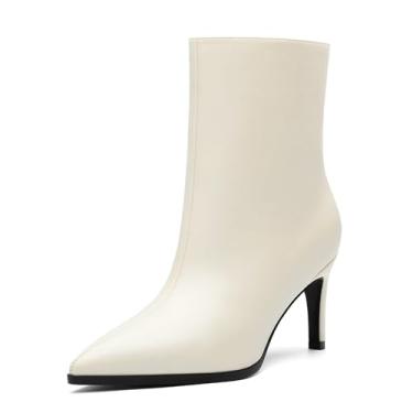 Imagem de ROSERWISH Botas de cano curto femininas gatinho salto baixo bico fino casual confortável vestido curto GoGo 3 polegadas sapatos outono inverno, Branco, 9.5