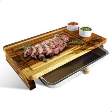 Imagem de Tabua De Carne Para Churrasco De Madeira Com Bandeja + Porta Molhos(Madeira Pinus - Sem Bandeja)
