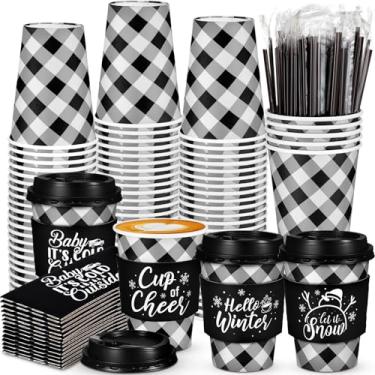 Imagem de Layhit 100 peças de copos de café xadrez de búfalo de Natal descartáveis com tampas mangas e canudos para mexer para o inverno, Natal, suprimentos de festa de cacau quente (preto e branco, 473 g)