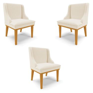 Imagem de Kit 3 Cadeiras Decorativas Sala de Jantar Base Fixa de Madeira Firenze Linho Bege/Castanho G19 - Gran Belo