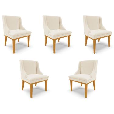 Imagem de Kit 5 Cadeiras Decorativas Sala de Jantar Base Fixa de Madeira Firenze Linho Bege/Castanho G19 - Gran Belo