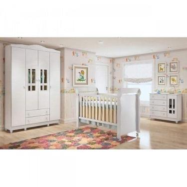 Imagem de Quarto de Bebê Guarda Roupa 4 Portas, Cômoda Fraldário e Berço Mirelle Carolina Baby Branco Brilho