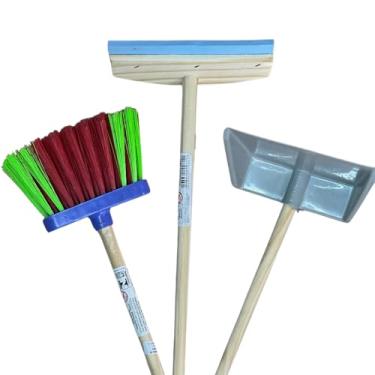 Imagem de Kit Completo Brinquedo Limpeza Infantil Vassoura Pá Rodinho Cabo De Madeira Cores Sortidas Estimulo Em Casa Educativo