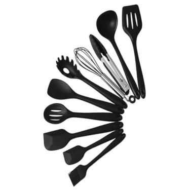 Imagem de Conjunto Utensílios de Cozinha em Silicone 10 Peças – Resistente ao Calor, Antiadherente – Colheres, Espátulas, Fouet e Mais para Preparar Receitas com Praticidade (Preto)