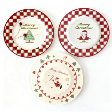 Imagem de Atarvana Conjunto de 3 pratos de sobremesa de Natal de 20 cm, conjunto de louça cremaica com 3 estampas (Santa, árvore de Natal) para salada, macarrão, sobremesa, artigos de festa de Natal, presentes